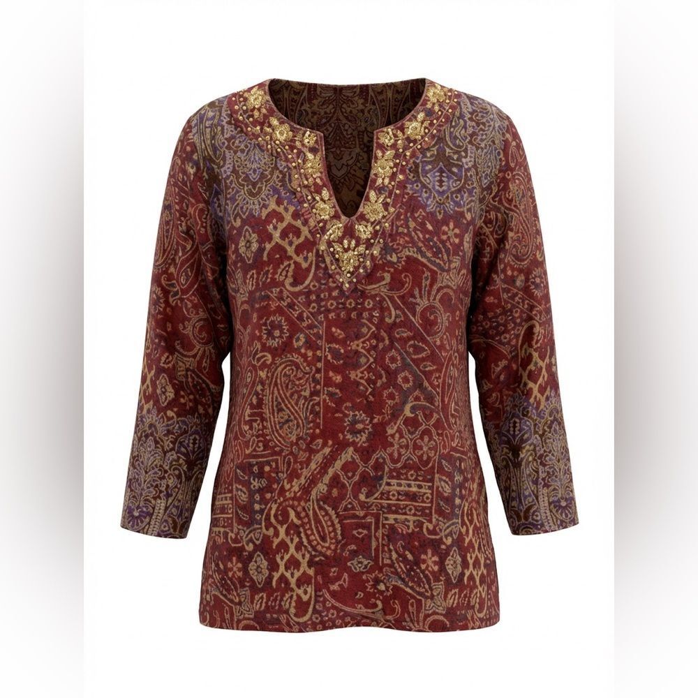 SOFT SURROUNDINGS WOMENS V NECK BLOUSE SIZE PXL TED MULTICOLORED DESIGN